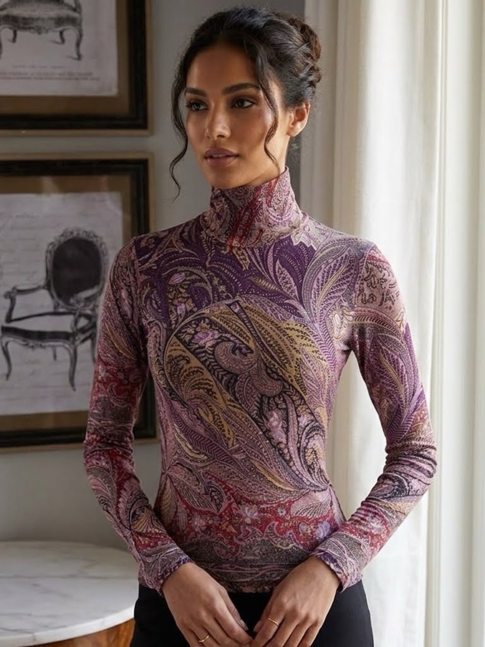 Etro Purple Paisley Long Sleeve Turtleneck Top
